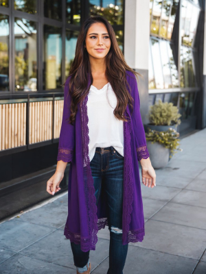 3/4 Sleeve Lace Trim Cardigan - Purple