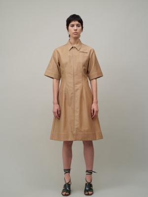 Zip Front Pocket Dress - Tan