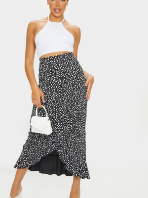 Black Dalmatian Print Woven Frill Hem Midi Skirt