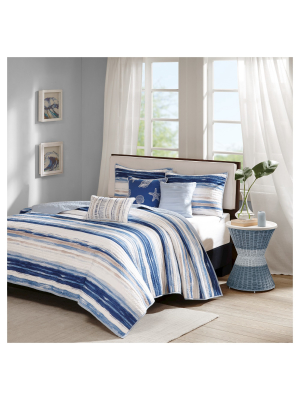 Fairbanks Beach Striped Quilted Coverlet Set Blue - 6pc