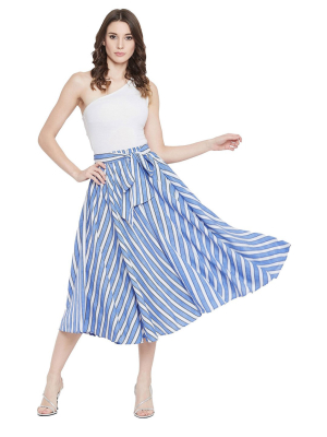 High Waist A-line Elastic Blue Midi Casual Beach Drawstring Skirt