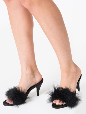 Black Satin & Marabou Feather Peep Toe Amour Heel Slipper