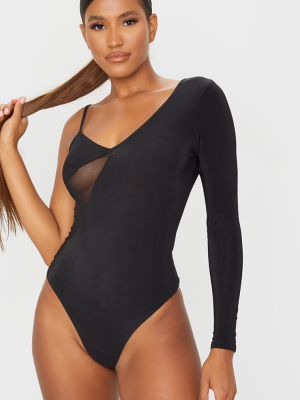 Black Slinky Mesh Panel One Shoulder Bodysuit