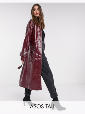 Asos Design Tall Vinyl Trench Coat With Contrast Stitching In Oxblood