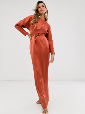 Asos Design Maxi Dress With Batwing Sleeve And Wrap Waist In Satin