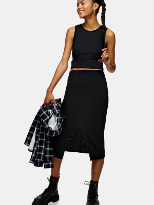 Black Ribbed Slip Midi Skirt