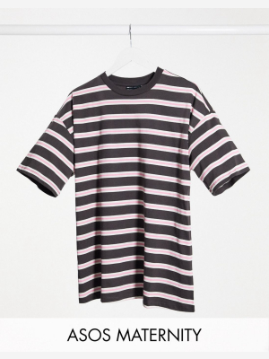 Asos Design Maternity Super Oversized T-shirt In Collegiate Stripe; Charcoal