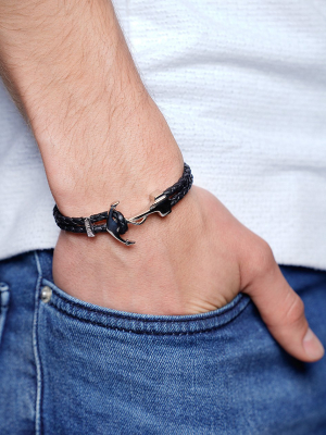 Men's Black Leather Bracelet With Silver Anchor