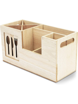 Wooden Kitchen Utensil Caddy, Cooking Cutlery Organizer Holder For Kitchen Flatware Silverware With 8 Compartments 11"x4.8"x6"