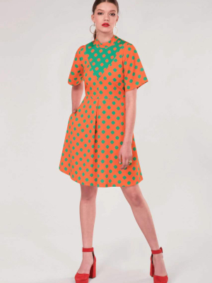 Orange Polka Dot V-neck Collared Dress