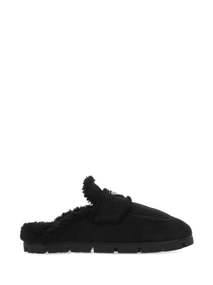 Prada Triangle Logo Shearling Slippers