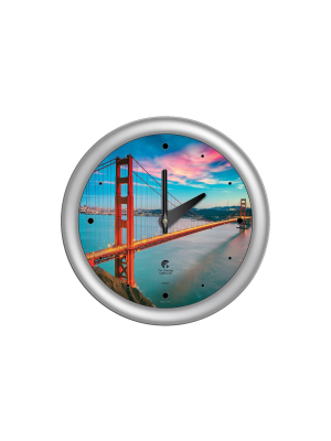 14" X 1.8" Golden Gate Bridge Quartz Movement Decorative Wall Clock Silver Frame - By Chicago Lighthouse