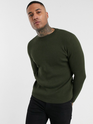 Pull&bear Ribbed Sweater In Khaki