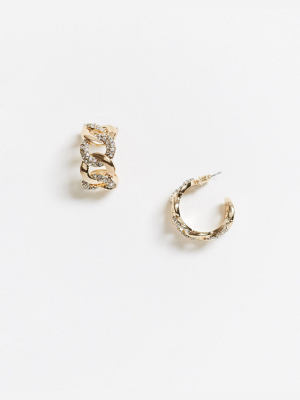 Asos Design Hoop Earring In Crystal Curb Chain In Gold Tone