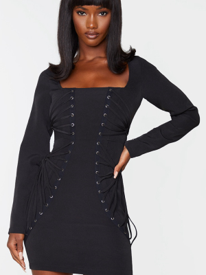 Black Lace Up Detail Long Sleeve Bodycon Dress