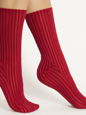 Darner Red Ribbed Velvet Socks