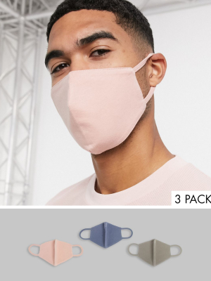 Asos Design 3 Pack Organic Cotton Face Covering In Dusky Pink Gray And Blue Jersey