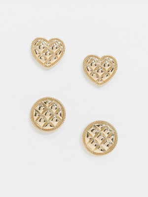 Asos Design Pack Of 2 Earrings In Circle And Heart Padded Waffle Texture In Gold Tone