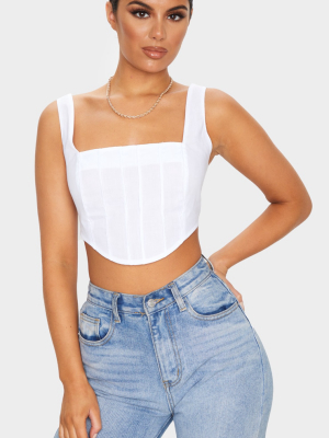 White Woven Pintuck Detail Curved Hem Crop Top