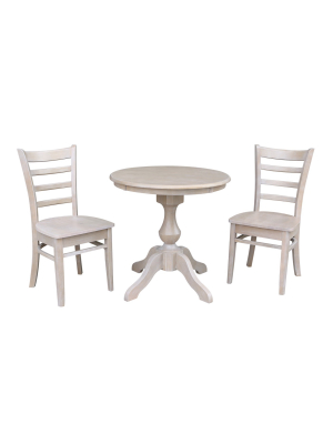 3pc Solid Wood 30"x30" Round Pedestal Dining Table And Chairs Weathered Gray - International Concepts