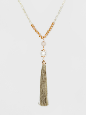 Glitzys, Beads, And Beige Tassel Long Necklace - A New Day™