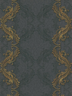 Etta Ornamental Scroll Stripe Wallpaper In Black And Gold Design By Bd Wall