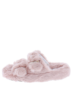 Marie Blush Faux Fur Open Toe Dual Strap Flat Slide Sandal