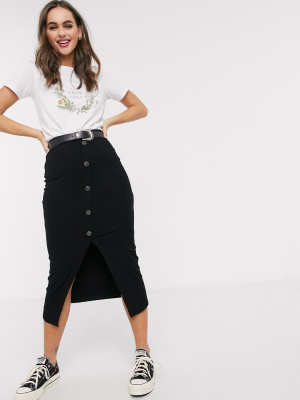 Asos Design Rib Midi Skirt With Horn Buttons In Black