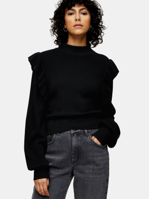 Idol Black Ruffle Front Knitted Sweatshirt Sweater