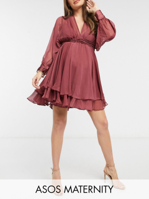 Asos Design Maternity Mini Dress With Smocked Satin Waist And Lace-up Back Detail