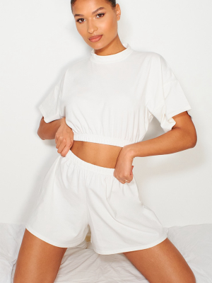 Cream Cotton Elastic Hem Crop Top & Floaty...