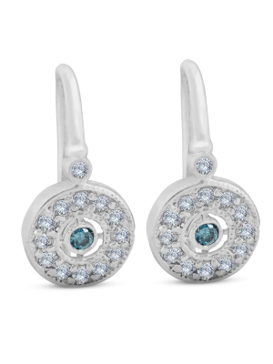 Pompeii3 1/3ct Pave Diamond Blue & White Vintage Halo Earrings 10k White Gold 1/2" Tall