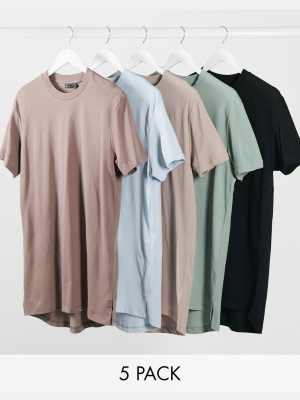 Asos Design 5 Pack Longline T-shirt With Side Splits