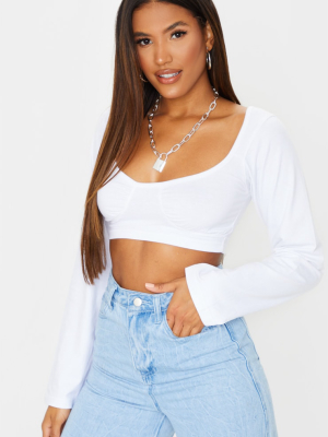 White Ruched Cup Detail Long Sleeve Crop Top