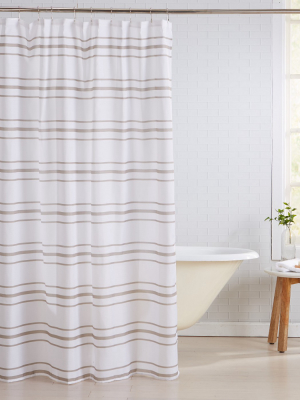 Great Bay Home Striped Shower Curtain With 12 Roller Hooks