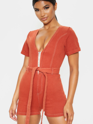 Tobacco Belted Denim Romper