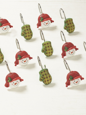 Lakeside Snowman And Mitten Christmas Bathroom Decorations - Shower Curtain Hooks - Set Of 12