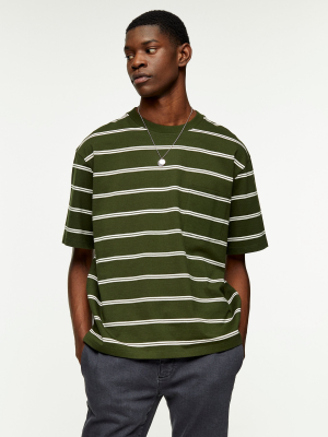 Khaki And Ecru Boxy Stripe T-shirt