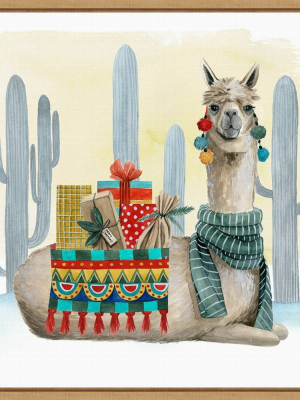 16" X 16" Boho Christmas Ii Llama Cactus By Grace Popp Framed Canvas Wall Art - Amanti Art