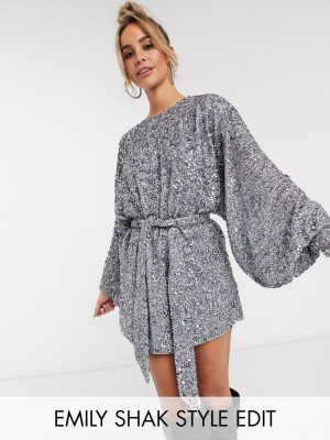 Asos Edition Oversized Blouson Sleeve Mini Dress In Mixed Sequin