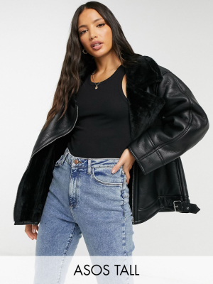 Asos Design Tall Sherpa Aviator Jacket In Black