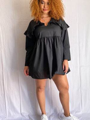 Plus Black Woven V Neck Frill Detail Smock Dress