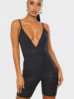 Black Glitter Plunge Strappy Unitard