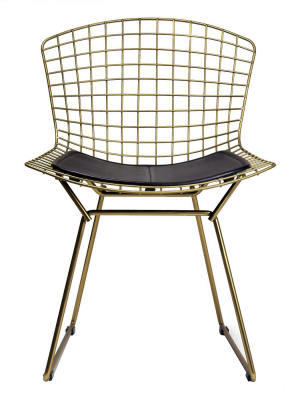 Aspen Modern Classic Wire Dining Chair With Champagne Finish Steel And Leather Seat Pad - Black - Aeon