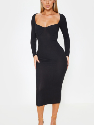 Black Ribbed Long Sleeve Cup Detail Midi Dress