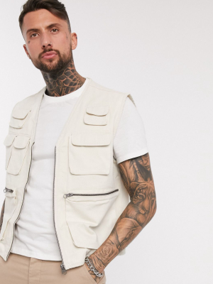 Asos Design Vest With Utility Pockets In Off White