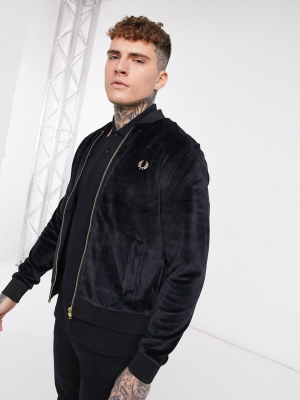 Fred Perry Gold Detail Velour Bomber Jacket In Black
