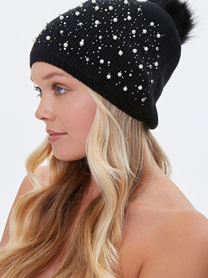 Faux Pearl Pom Pom Beanie