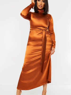 Rust Satin High Neck Tie Front Midi Dress