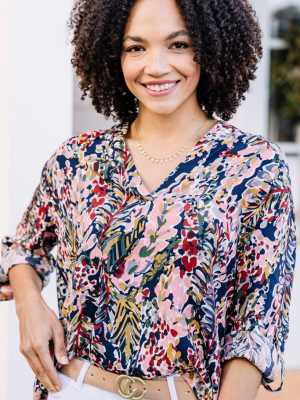 Waiting On Love Navy And Rust 3/4 Sleeve Floral Top